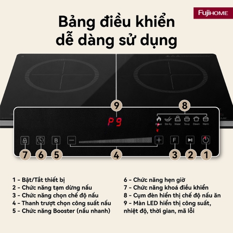 Bếp từ đôi Fujihome IC2123 | 2 vùng nấu Booster nhanh nóng | An toàn khóa trẻ em, tiết kiệm điện
