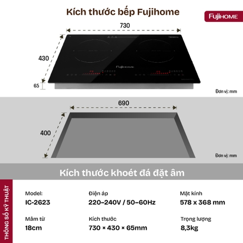 Bếp từ đôi Fujihome IC2623 nhập khẩu, bếp từ âm điện tử cảm ứng menu 5 chế độ cài đặt sẵn