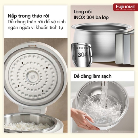 Nồi cơm điện 1.2L tách đường Fujihome RC12LS lòng nồi Inox 304, cảm ứng Led 8 chế độ nấu an toàn