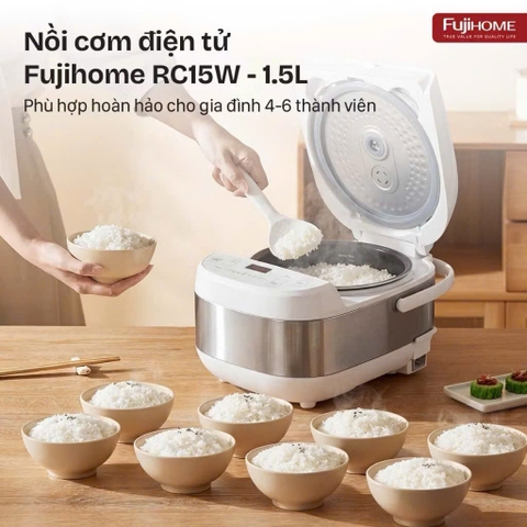 Nồi cơm điện tử 1.5 Lít FUJIHOME RC15W nhập khẩu, lòng nồi 5 lớp chống dinh cao cấp tiết kiệm điện