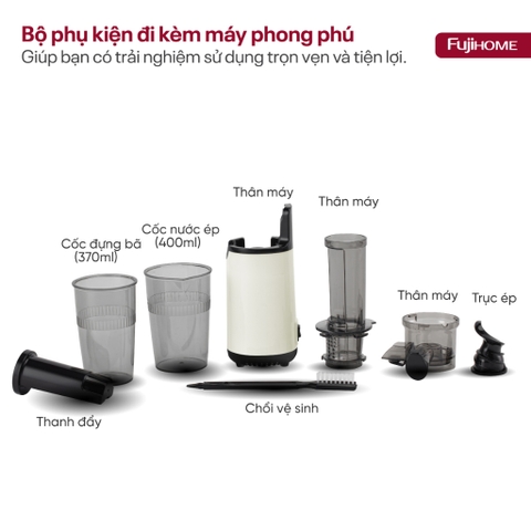Máy ép chậm mini FUJIHOME SJ06, máy ép trái cây rau củ 400ml công suất 100W lưới lọc 2 lớp Inox