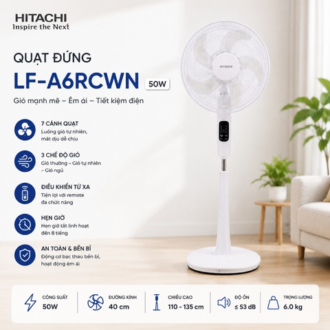 Quạt đứng Hitachi LF-A6RCWN / LF-A6RCGN (Trắng/Xám) - 55W - Remote