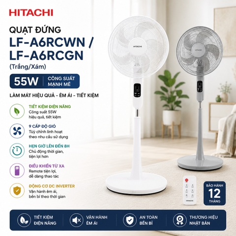 Quạt đứng Hitachi LF-A6RCWN / LF-A6RCGN (Trắng/Xám) - 55W - Remote