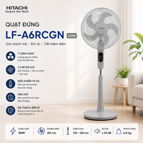 Quạt đứng Hitachi LF-A6RCWN / LF-A6RCGN (Trắng/Xám) - 55W - Remote