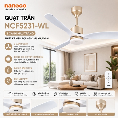 Quạt trần Nanoco NCF5231-WL 3 cánh màu trắng