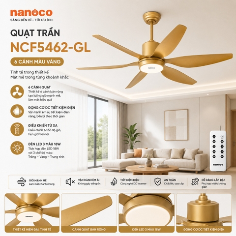 Quạt trần Nanoco NCF5462-GL 6 cánh màu vàng