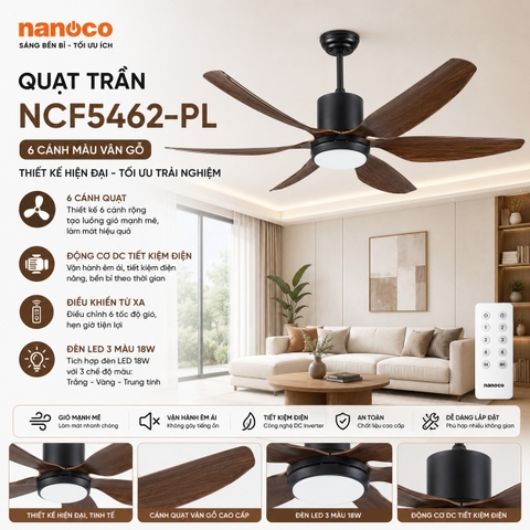 Quạt trần Nanoco NCF5462-PL 6 cánh màu vân gỗ