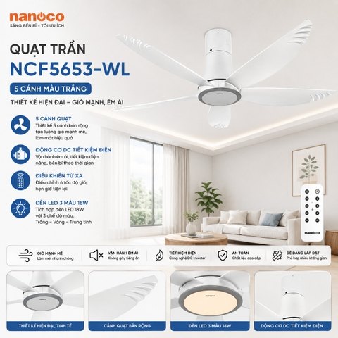 Quạt trần Nanoco NCF5653-WL 5 cánh