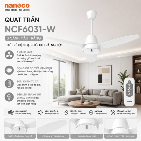 Quạt trần Nanoco NCF6031-W 3 cánh màu trắng
