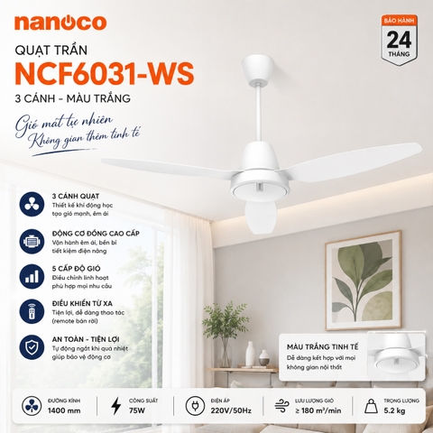 Quạt trần Nanoco NCF6031-WS 3 cánh màu trắng