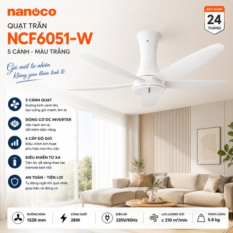 Quạt trần Nanoco NCF6051-W 5 cánh màu trắng