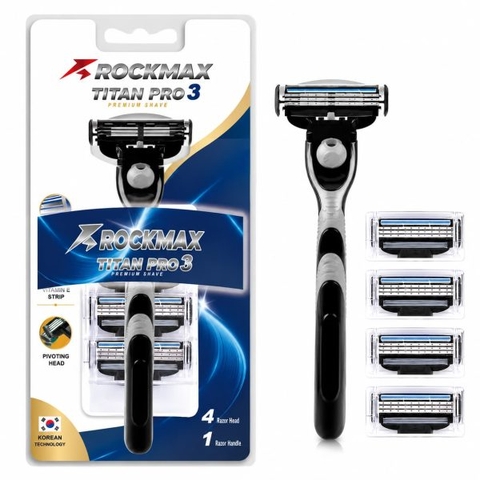 Rockmax TITAN PRO 3 - Bộ dao cạo râu ( 1 cán + 4 dao )