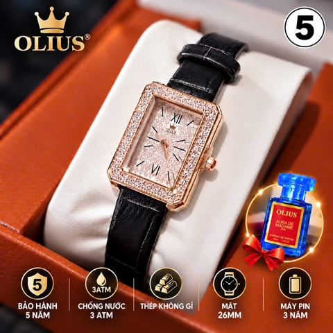 ĐỒNG HỒ NỮ OLIUS MẶT CHỮ NHẬT FULL ĐÍNH ĐÁ 26MM - DÂY DA THẬT - MÁY QUARTZ