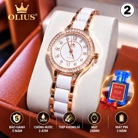 ĐỒNG HỒ NỮ OLIUS 28MM VÀNG HỒNG MẶT TRẮNG – DÂY GỐM SỨ – ĐÍNH ĐÁ PHA LÊ – MÁY QUARTZ