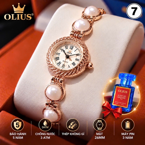 ĐỒNG HỒ NỮ OLIUS MẶT TRÒN 26MM – MẶT VÀNG – DÂY NGỌC TRAI TRẮNG – THÉP VÀNG HỒNG – MÁY QUARTZ