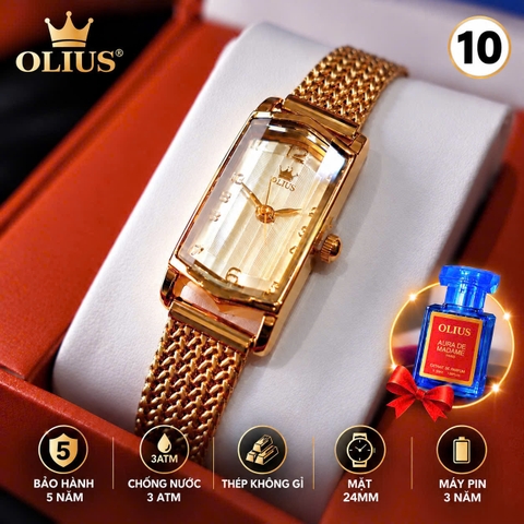 ĐỒNG HỒ NỮ OLIUS MẶT CHỮ NHẬT 24MM – MẶT VÀNG – DÂY THÉP TẾT SỢI FULL VÀNG