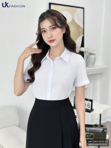 Áo Sơ Mi Cổ Đức Dáng Suông Tay Cộc UK Fashion Công Sở Nữ Thanh Lịch Vải Mềm Mịn UKSM2405020
