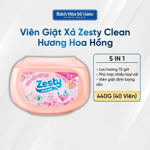 Viên giặt Zesty Clean 5in1 lưu hương 72 giờ hộp 40 viên - 440g 
- Hương Hoa hồng tháng Năm vùng Grasse