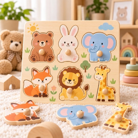 Bảng ghép núm gỗ hình động vật