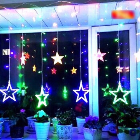 BỘ Dây đèn LED chuỗi thả mành / rèm hình 10 ngôi sao màu vàng nắng Decor trang trí Noel Sinh Nhật Lễ Tết Năm mới