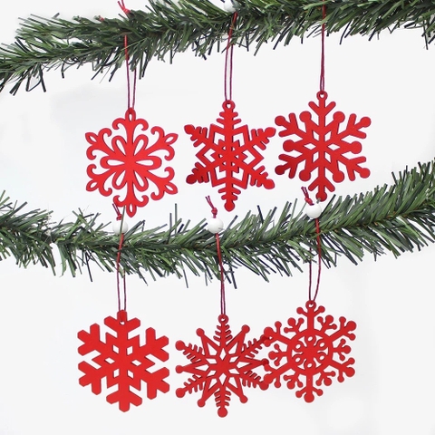 Set 6 phụ kiện hình bông tuyết đỏ và trắng bằng gỗ decor treo trang trí cây thông noel ngày lễ giáng sinh