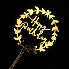 Que cắm Happy Birthday vòng nguyệt quế vàng