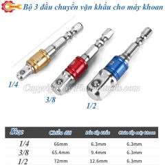Bộ 3 Đầu Chuyển Vặn Khẩu 1/2-3/8-1/4 Cho Máy Khoan DCVK-3