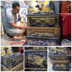 Tiểu quách gốm men xanh than vẽ nhũ vàng cao cấp