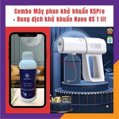 Máy Phun Khử Khuẩn Nano K5 PRO Hoàng Gia Kèm Dung Dịch Khử Khuẩn Nano Bạc 8S 1 lít Tinh dầu sả chanh - HÀNG CHÍNH HÃNG - Công Suất Lớn - Không Dây Cầm Tay - Pin siêu bền 2 Chế Độ Phun Với Chùm 8 Đèn Led UV Khử Trùng Sạch Vi Khuẩn