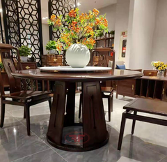 BỘ BÀN ĂN TRÒN INDOCHINE MẶT ĐÁ MÂM XOAY KẾT HỢP 6 GHẾ