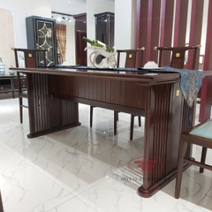 BỘ BÀN ĂN INDOCHINE GỖ ÓC CHÓ 1M8 KẾT HỢP 6 GHẾ BỌC DA XANH NGỌC BÍCH A01