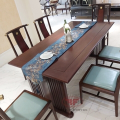 BỘ BÀN ĂN INDOCHINE GỖ ÓC CHÓ 1M8 KẾT HỢP 6 GHẾ BỌC DA XANH NGỌC BÍCH A01