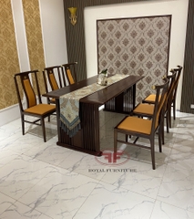 BỘ BÀN ĂN CHỮ NHẬT INDOCHINE GỖ ÓC CHÓ BỌC DA CAM 6 GHẾ SANG TRỌNG A01