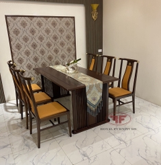 BỘ BÀN ĂN CHỮ NHẬT INDOCHINE GỖ ÓC CHÓ BỌC DA CAM 6 GHẾ SANG TRỌNG A01