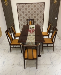 BỘ BÀN ĂN CHỮ NHẬT INDOCHINE GỖ ÓC CHÓ BỌC DA CAM 6 GHẾ SANG TRỌNG A01