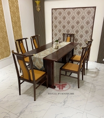 BỘ BÀN ĂN CHỮ NHẬT INDOCHINE GỖ ÓC CHÓ BỌC DA CAM 6 GHẾ SANG TRỌNG A01