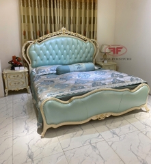 GIƯỜNG NGỦ TÂN CỔ ĐIỂN  DÁT VÀNG NHẬP KHẨU DA XANH D501