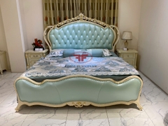 GIƯỜNG NGỦ TÂN CỔ ĐIỂN  DÁT VÀNG NHẬP KHẨU DA XANH D501