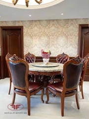 BỘ BÀN ĂN TRÒN MẶT ĐÁ TỰ NHIÊN 6 GHẾ TÂN CỔ ĐIỂN GỖ CAO CẤP GG939