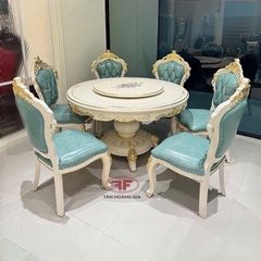 BỘ BÀN ĂN TRÒN XOAY TÂN CỔ ĐIỂN 6 GHẾ DÁT VÀNG DA XANH NỔI BẬT 962B