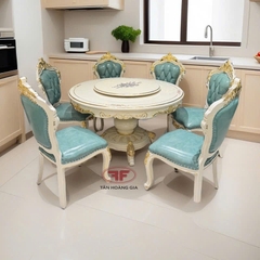BỘ BÀN ĂN TRÒN XOAY TÂN CỔ ĐIỂN 6 GHẾ DÁT VÀNG DA XANH NỔI BẬT 962B