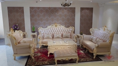 BỘ SOFA PHÒNG KHÁCH 123 TÂN CỔ ĐIỂN DÁT VÀNG BỌC DA BÒ NHẬP KHẨU