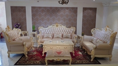 BỘ SOFA PHÒNG KHÁCH 123 TÂN CỔ ĐIỂN DÁT VÀNG BỌC DA BÒ NHẬP KHẨU