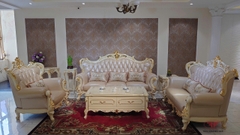 BỘ SOFA PHÒNG KHÁCH 123 TÂN CỔ ĐIỂN DÁT VÀNG BỌC DA BÒ NHẬP KHẨU