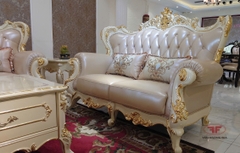 BỘ SOFA PHÒNG KHÁCH 123 TÂN CỔ ĐIỂN DÁT VÀNG BỌC DA BÒ NHẬP KHẨU