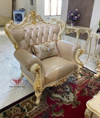 BỘ SOFA PHÒNG KHÁCH 123 TÂN CỔ ĐIỂN DÁT VÀNG BỌC DA BÒ NHẬP KHẨU