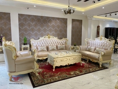 BỘ SOFA PHÒNG KHÁCH 123 TÂN CỔ ĐIỂN DÁT VÀNG BỌC DA BÒ NHẬP KHẨU