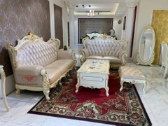 BỘ SOFA PHÒNG KHÁCH 123 TÂN CỔ ĐIỂN DÁT VÀNG BỌC DA BÒ NHẬP KHẨU