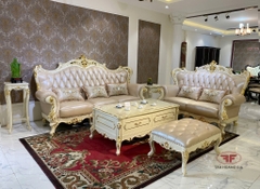 BỘ SOFA PHÒNG KHÁCH 123 TÂN CỔ ĐIỂN DÁT VÀNG BỌC DA BÒ NHẬP KHẨU