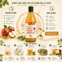Giấm Táo Hữu Cơ Có Giấm Mẹ C’LaVie 1000ml